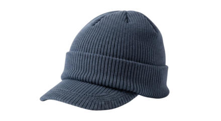 Dark blue knitted visor beanie cap isolated on white.