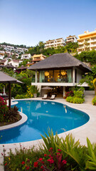 Luxury Resort Pool with Hillside Villas and Tropical Landscaping.