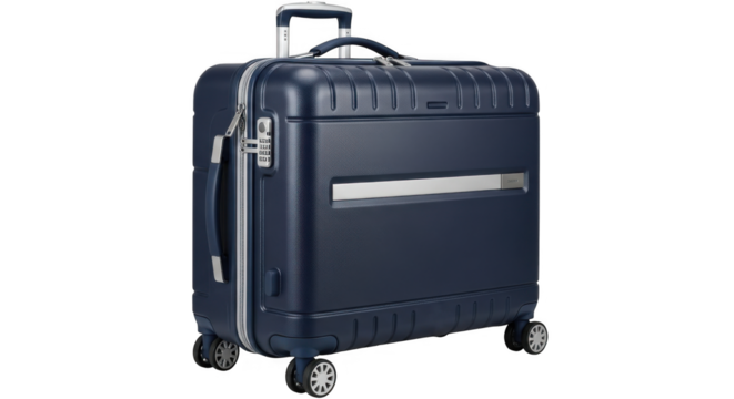 Dark blue rolling travel suitcase isolated on white background.