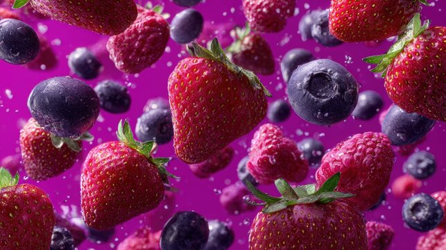 Close-up of fresh red strawberries and ripe blueberries against a smooth purple background, highlighting vibrant colors and natural texture for food or health themes.