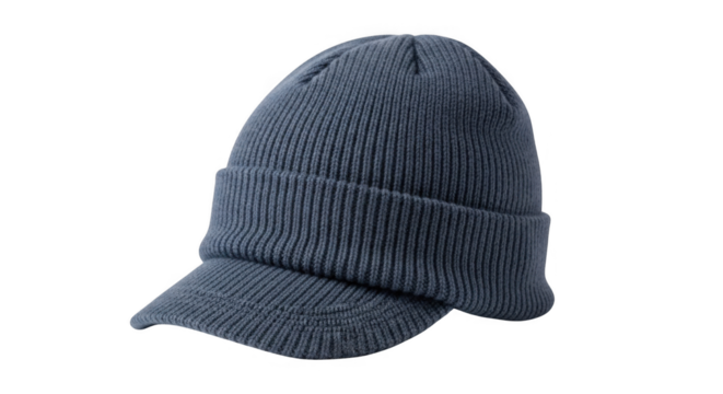 Dark blue knitted visor beanie cap isolated on white.