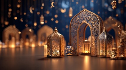 Elegant luxury ramadan kareem lantern decor with glowing golden light on soft 3d islamic background creating festive spiritual ambience for eid mubarak and islamic new year celebration