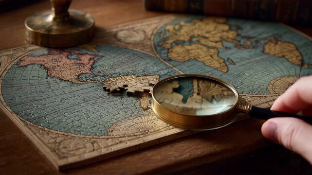 古地図のパズルが木の机で組み合わさる夕方、旅の道具が奥に滲む