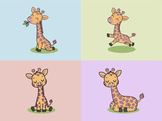 A collection of four cute cartoon baby giraffes in different poses, eating leaves, running, and sitting on a separate pastel colored quadrant background. Perfect for children's design or nursery art. © Chaimongkol