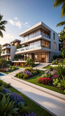 Modern Luxury Home with Lush Landscaping and Sunny Skies.