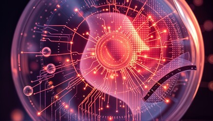 Close-up 3D Render of a Futuristic Bio-Digital System or Cell Encapsulated in a Transparent Glass Sphere, Featuring Luminous Red and Orange Circuitry Overlay on an Organic Form