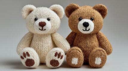 Two cute brown teddy bear embroidery toys on white background, soft handmade plush dolls with stitched details, charming and playful collectible stuffed animals for children and decoration