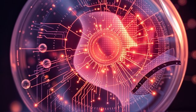 Close-up 3D Render of a Futuristic Bio-Digital System or Cell Encapsulated in a Transparent Glass Sphere, Featuring Luminous Red and Orange Circuitry Overlay on an Organic Form