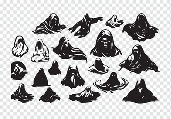 Silhouette ghosts spooky figures with hoods black and white illustrations