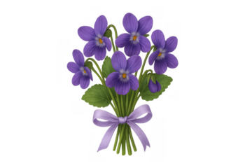 Delicate violet bouquet tied with a lilac ribbon, symbolizing spring, love, and remembrance on transparent background