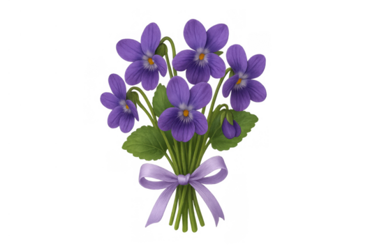 Delicate violet bouquet tied with a lilac ribbon, symbolizing spring, love, and remembrance on transparent background
