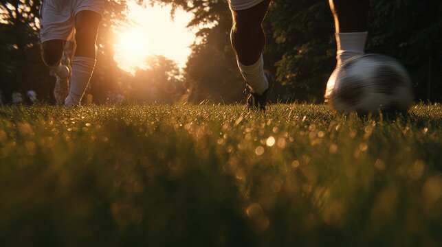 Two soccer players compete on a green grass field during daylight, wearing sportswear and cleats, captured mid-action in an outdoor setting.