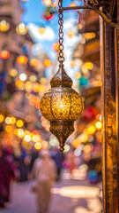 Ornate Moroccan Lantern Illuminating a Vibrant Bazaar with Blurred Background.