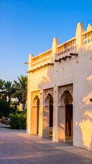 Traditional Arabic Architecture with Arches and Palm Trees Under Golden Sunlight.