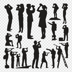 Silhouettes of people watching and observing with telescopes and binoculars