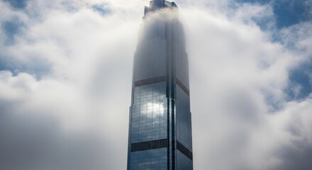 Obraz premium Modern Skyscraper Towering Through Clouds with Reflective Glass Facade