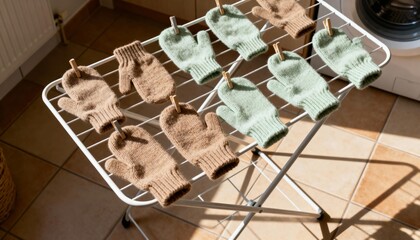 Knit mittens on drying rack in laundry room, soft overhead light, realistic indoor photography