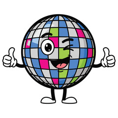 A cartoon disco ball character with a winking eye and thumbs up.
