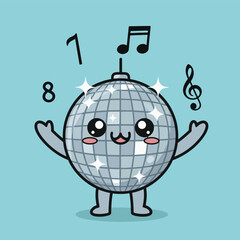 Cute cartoon disco ball character with musical notes and sparkles on a blue background.