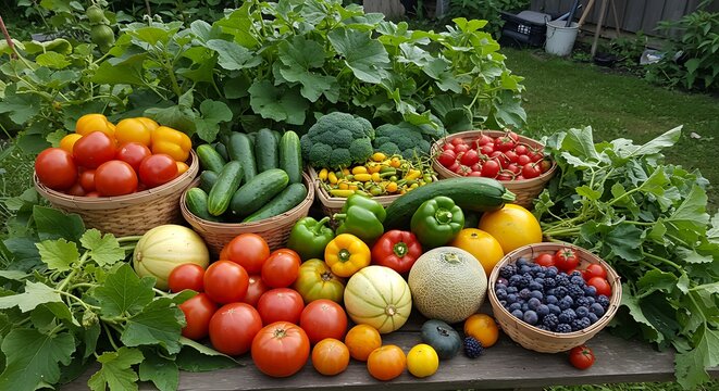 Assorted fresh garden harvest including tomatoes, cucumbers, peppers, and berries arranged