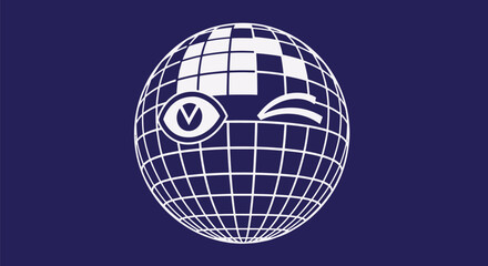 White grid globe with stylized open eye and winking eye on a dark blue background, representing global vision and communication.