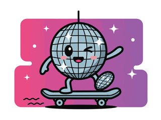 A cheerful disco ball character winks while skateboarding on a vibrant background.
