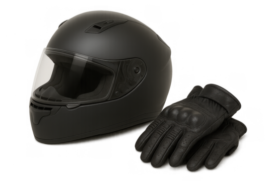 Black motorcycle helmet protecting rider's head with matching leather gloves for road safety and motorsports activities