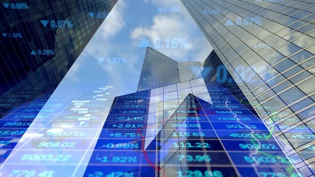 Financial data overlay on modern office buildings. - Powered by Adobe