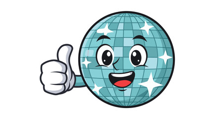 Cartoon disco ball character with a happy face and a thumbs up gesture, smiling.