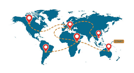 World map illustration with travel route path markers, journey around the world concept, adventure vacation design, vector style world destinations © Ronald