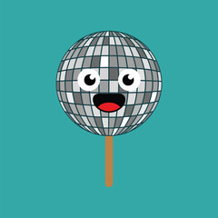 Cartoon disco ball with a happy face on a stick against a teal background.