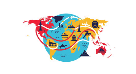 World travel map illustration with famous landmarks and tourist attractions route vector concept design for international tourism promotion poster