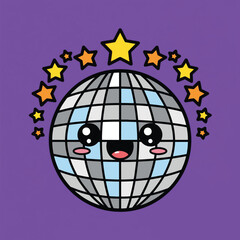 Cute disco ball character with a happy face and a halo of stars on a purple background.