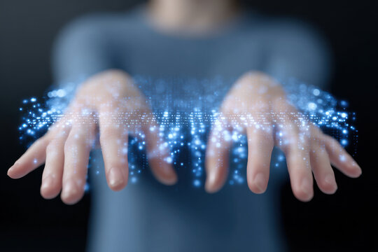 Hands interacting with glowing digital data points and holographic network in futuristic technology concept - Powered by Adobe