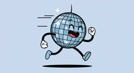 Cartoon disco ball character running with a happy expression on a light blue background.