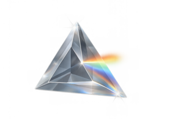 Glass prism refracting light, creating a rainbow spectrum and dispersion effect, scientific optics experiment on transparent background