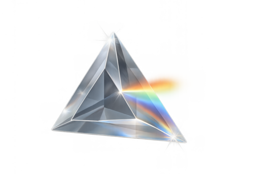 Glass prism refracting light, creating a rainbow spectrum and dispersion effect, scientific optics experiment on transparent background