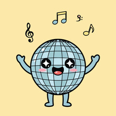 A cute kawaii disco ball character with a happy face and music notes floating above its head.