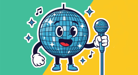 A retro-style cartoon disco ball with arms and legs holding a microphone, surrounded by musical notes and sparkles.