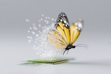 Butterfly with yellow and black wings emerging from circuit board with digital particles in futuristic technology concept