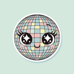 A cute pastel disco ball illustration with sparkling kawaii eyes and a happy smile.