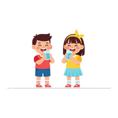 Two happy cartoon children drinking water from glasses with a smile representing healthy lifestyle and refreshment