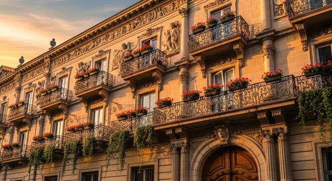 Golden Hour Glow on Ornate European Building Facade with Balconies and Floral Decor