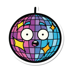 Cartoon disco ball sticker with a surprised facial expression, split in vibrant purple and blue, featuring yellow star reflections.