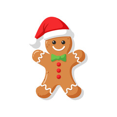 Charming Gingerbread Man Cookie Wearing A Santa Hat And Green Bow Tie With Red Buttons, Festive Christmas Character Illustration