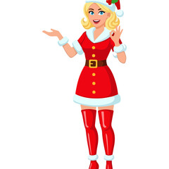 Cute cartoon blonde woman wearing a Santa Claus costume, white fur trim, red dress, hat, and boots, Christmas celebration theme