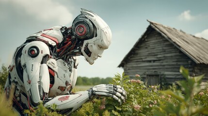 A futuristic robot interacts with plants in a rural setting, with an old wooden barn in the background under a clear sky.