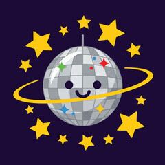 A cute, smiling disco ball with a yellow ring around it, surrounded by yellow stars on a dark purple background.