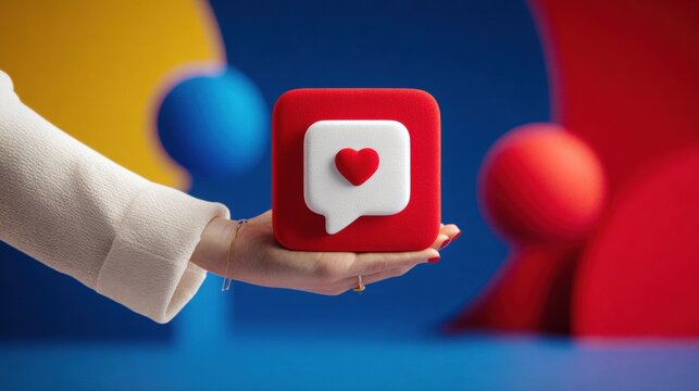 A hand holds a red 3D speech bubble with a heart symbol, set against a vibrant, abstract background of blue, yellow, and red shapes. - Powered by Adobe