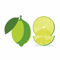 Fresh green lime with leaf and sliced pieces, citrus fruit vector